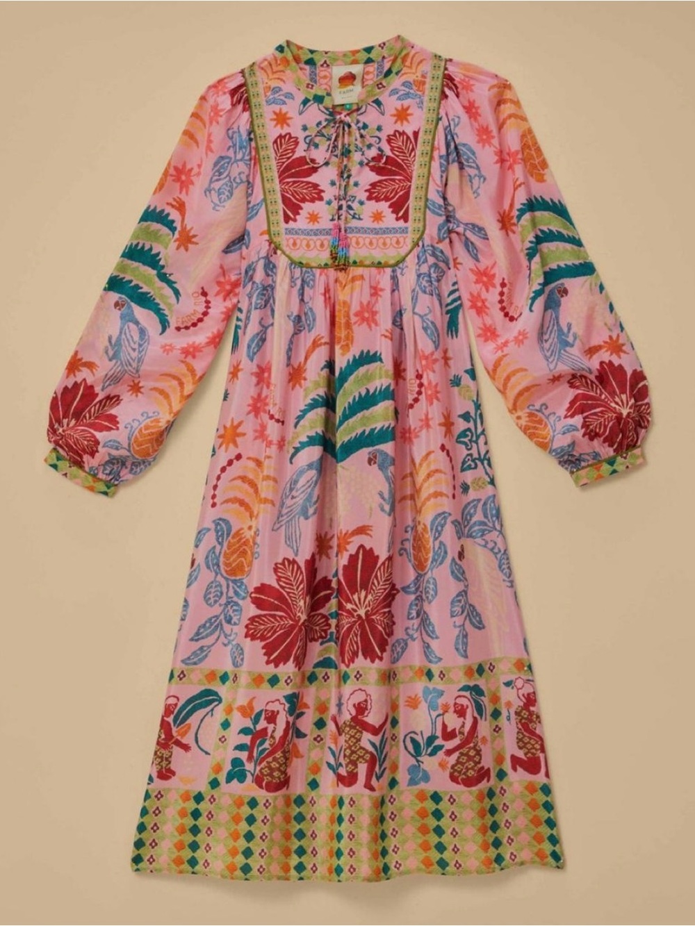FARM RIO Pink Fruits Queen Scarf Midi
Dress Boho Floral Tropical XL Beaded Flowy - Picture 6 of 15